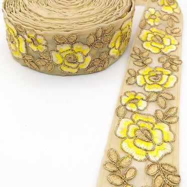 Yellow and Gold Floral Embroidery Trimming, Embroidered Roses Flowers Trim, Sheer Fabric Lace